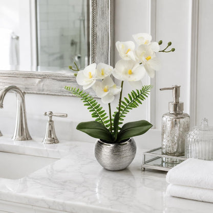 Artificial Orchid Flowers in Gold Ceramic Pot, 13" Small White Faux Phalaenopsis Orchid Floral Arrangement Fake Silk Orchid for Bathroom Vanity Office Desk Shelf Nightstand Home Table Decor