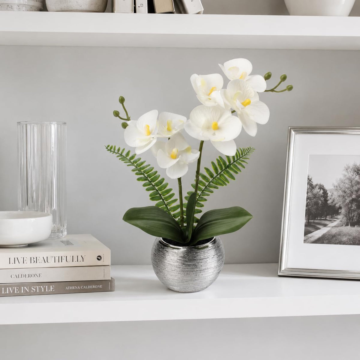 Artificial Orchid Flowers in Gold Ceramic Pot, 13" Small White Faux Phalaenopsis Orchid Floral Arrangement Fake Silk Orchid for Bathroom Vanity Office Desk Shelf Nightstand Home Table Decor