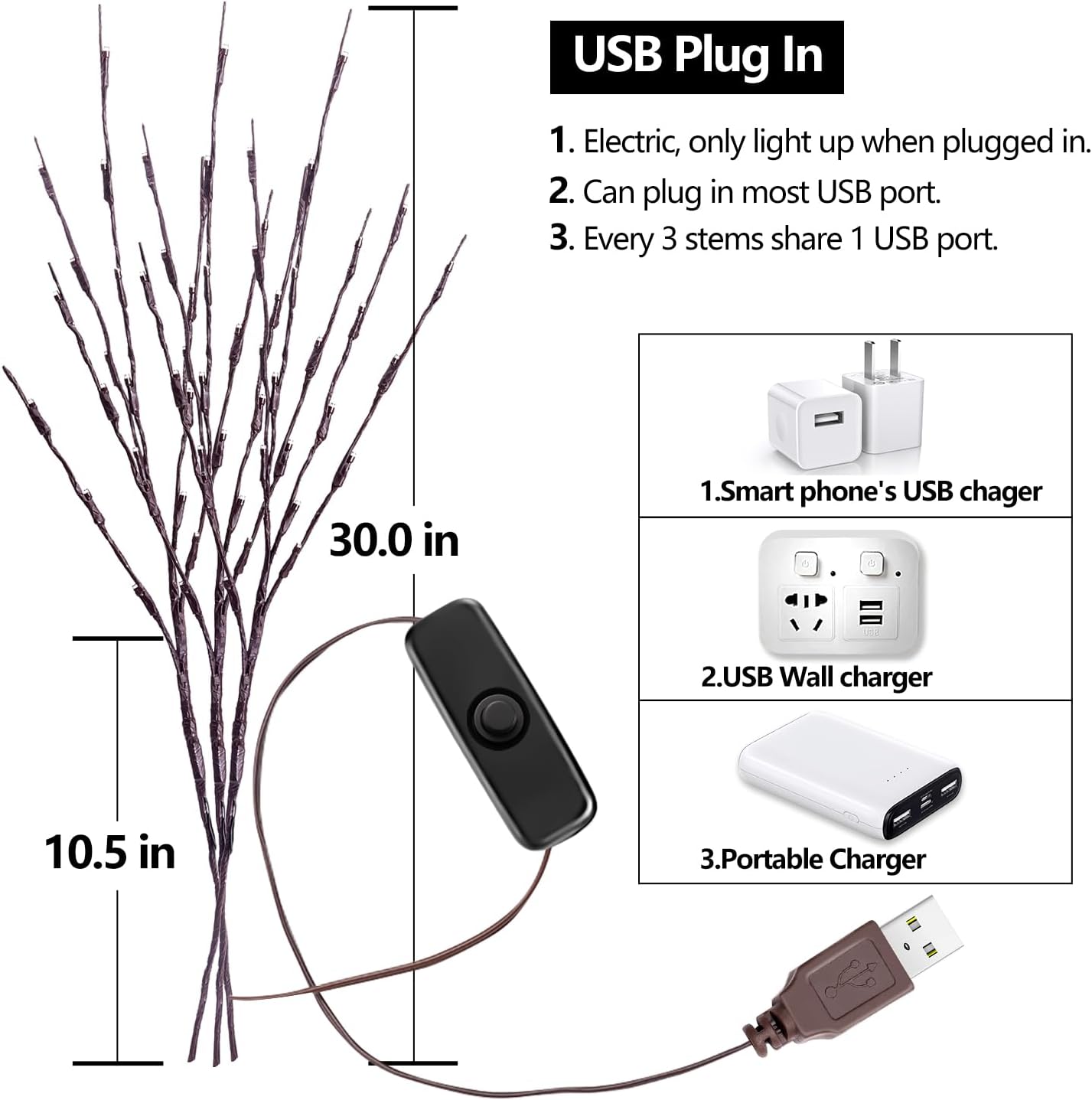 3Pack 30"Twig Lights, USB Plug in Branches Lights, 60 Led Bulbs, Warm White | Romantic Decorative Iights for Vase, Lighted Tree Branches for Home Romantic Decoration, Halloween Thanksgiving Day Christmas