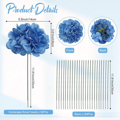 Royal Blue Hydrangea Artificial Flowers Bulk with Stems 64 Pcs | Faux Silk Hydrangeas Flower Heads with Stems for Wedding Arch Table Centerpieces Home Garden Baby Shower Party Decor