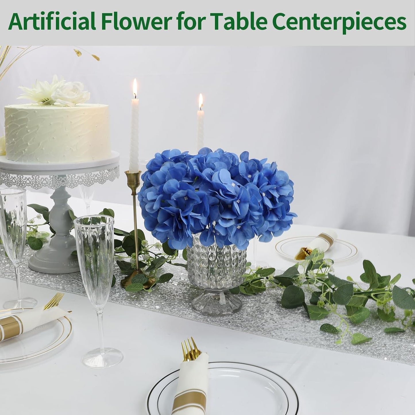 Royal Blue Hydrangea Artificial Flowers Bulk with Stems 64 Pcs | Faux Silk Hydrangeas Flower Heads with Stems for Wedding Arch Table Centerpieces Home Garden Baby Shower Party Decor