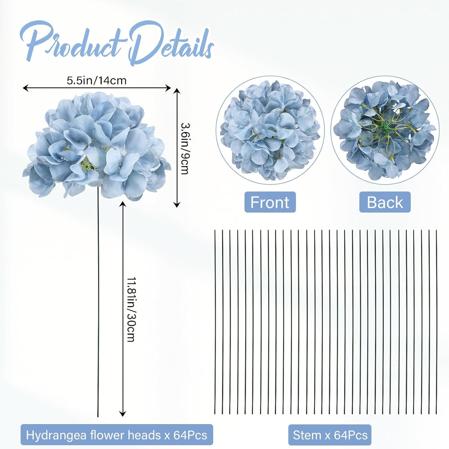 Royal Blue Hydrangea Artificial Flowers Bulk with Stems 64 Pcs | Faux Silk Hydrangeas Flower Heads with Stems for Wedding Arch Table Centerpieces Home Garden Baby Shower Party Decor