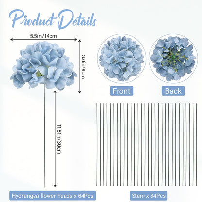 Royal Blue Hydrangea Artificial Flowers Bulk with Stems 64 Pcs | Faux Silk Hydrangeas Flower Heads with Stems for Wedding Arch Table Centerpieces Home Garden Baby Shower Party Decor