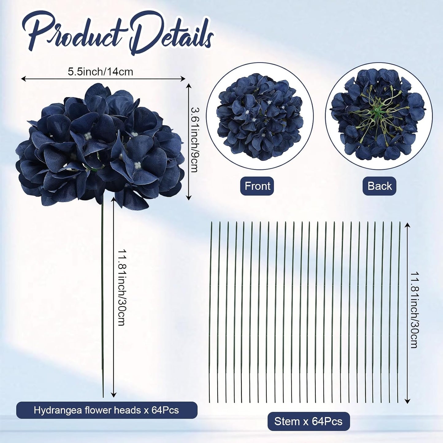 Royal Blue Hydrangea Artificial Flowers Bulk with Stems 64 Pcs | Faux Silk Hydrangeas Flower Heads with Stems for Wedding Arch Table Centerpieces Home Garden Baby Shower Party Decor