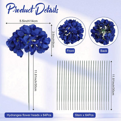 Royal Blue Hydrangea Artificial Flowers Bulk with Stems 64 Pcs | Faux Silk Hydrangeas Flower Heads with Stems for Wedding Arch Table Centerpieces Home Garden Baby Shower Party Decor