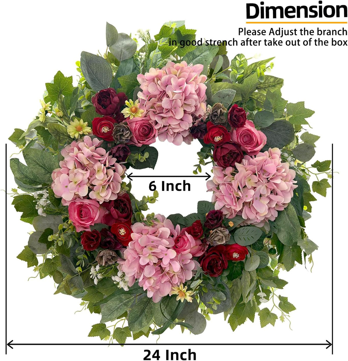 24 Inch Spring Wreaths for Front Door with Hydrangeas Roses