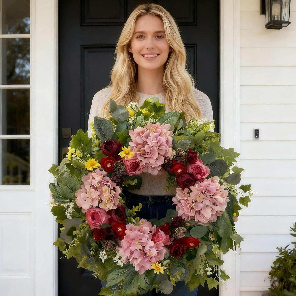 24 Inch Spring Wreaths for Front Door with Hydrangeas Roses