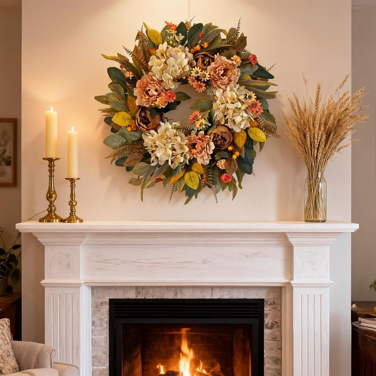 24 Inch Spring Wreaths for Front Door with Hydrangeas Roses