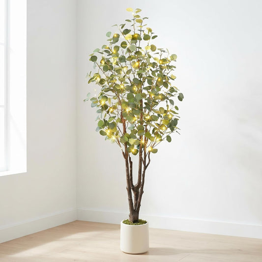6FT Artificial Eucalyptus Tree, PE Material & 8 Modes LED Lights with Remote Control, Pre-Potted Faux Plant for Home Office Wedding Party Decor