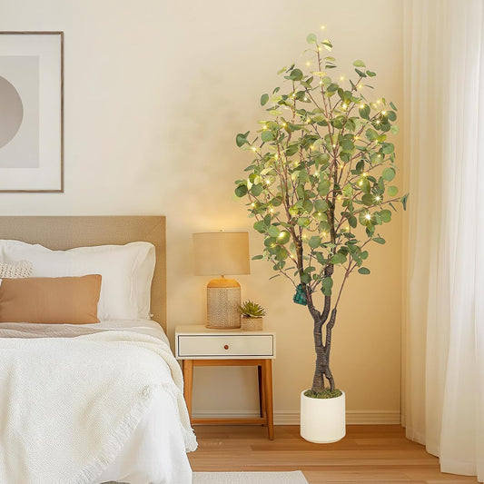6FT Artificial Eucalyptus Tree, PE Material & 8 Modes LED Lights with Remote Control, Pre-Potted Faux Plant for Home Office Wedding Party Decor
