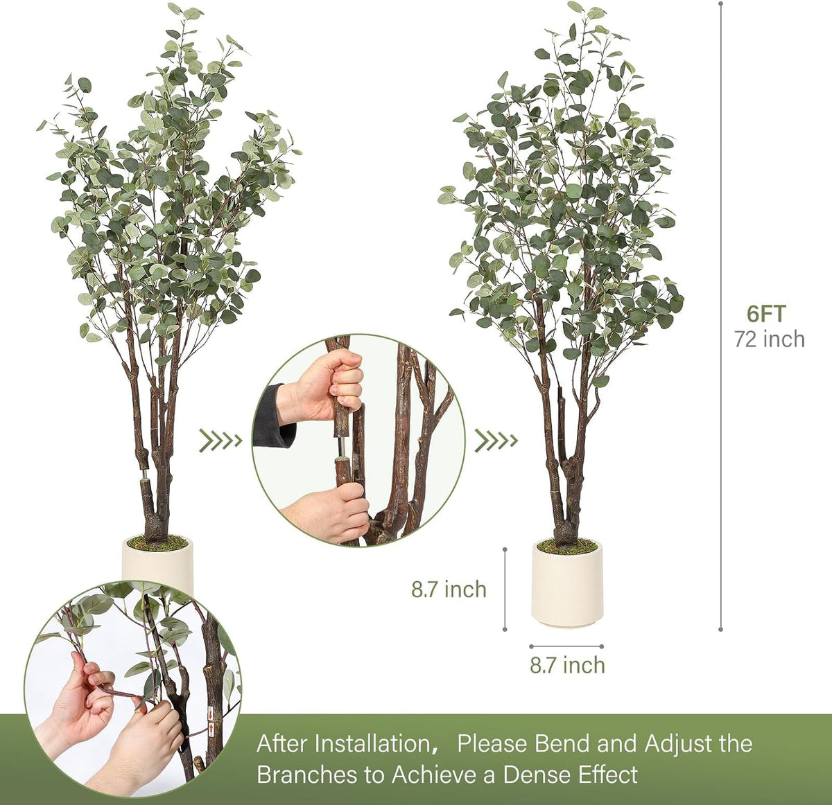 6FT Artificial Eucalyptus Tree, PE Material & 8 Modes LED Lights with Remote Control, Pre-Potted Faux Plant for Home Office Wedding Party Decor
