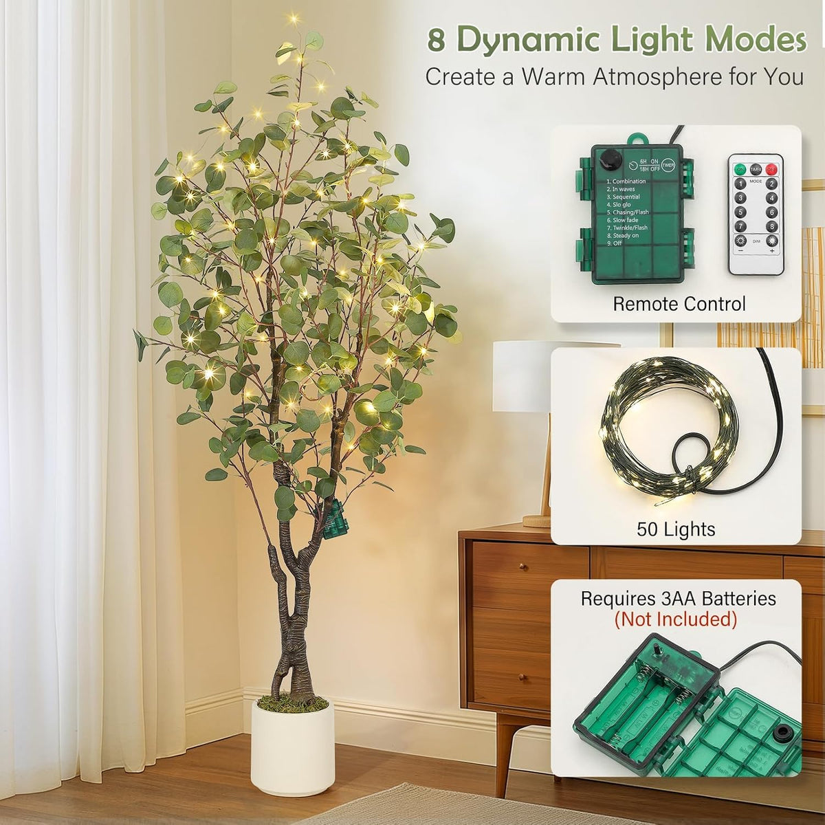 6FT Artificial Eucalyptus Tree, PE Material & 8 Modes LED Lights with Remote Control, Pre-Potted Faux Plant for Home Office Wedding Party Decor