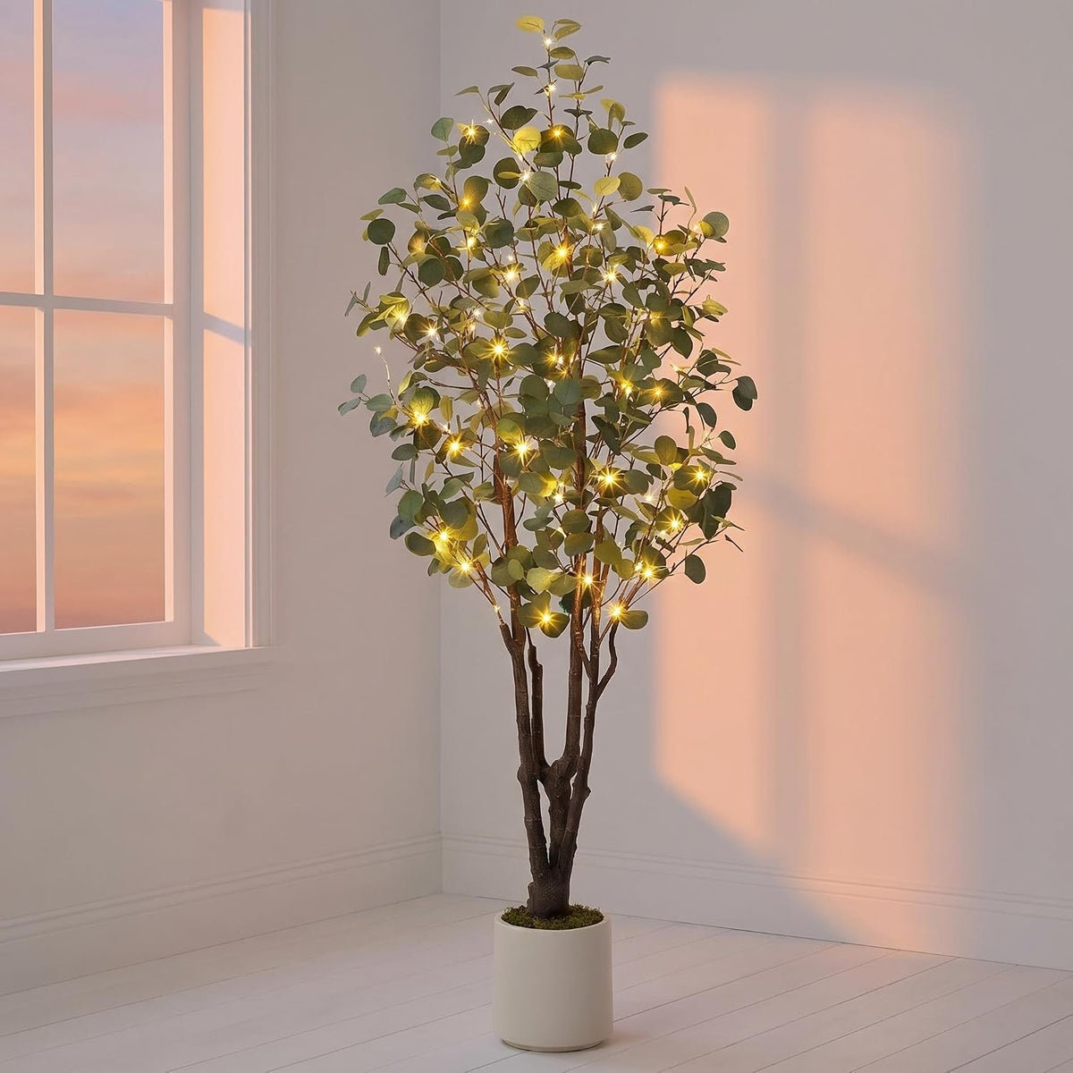 6FT Artificial Eucalyptus Tree, PE Material & 8 Modes LED Lights with Remote Control, Pre-Potted Faux Plant for Home Office Wedding Party Decor