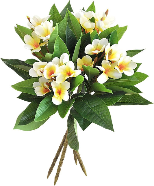 4Pcs Artificial Frangipani Flower Yellow Fake Plumeria Flowers with Leaves Real Touch Lifelike Plumeria with Stems Faux Frangipani Flower Bouquets for Home Office Wedding Decoration