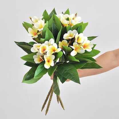 4Pcs Artificial Frangipani Flower Yellow Fake Plumeria Flowers with Leaves Real Touch Lifelike Plumeria with Stems Faux Frangipani Flower Bouquets for Home Office Wedding Decoration