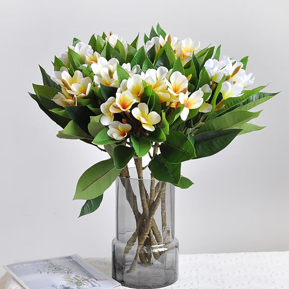 4Pcs Artificial Frangipani Flower Yellow Fake Plumeria Flowers with Leaves Real Touch Lifelike Plumeria with Stems Faux Frangipani Flower Bouquets for Home Office Wedding Decoration