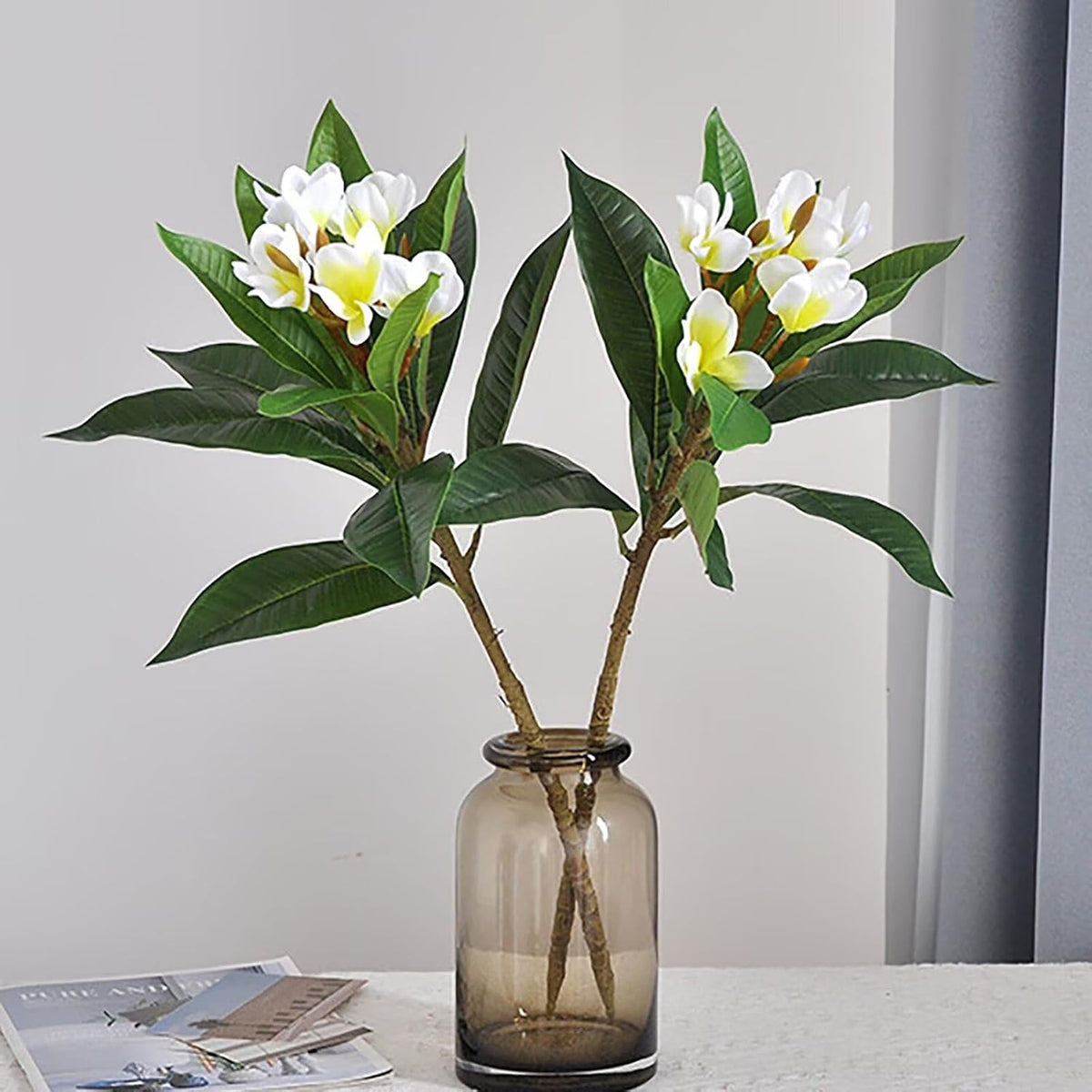 4Pcs Artificial Frangipani Flower Yellow Fake Plumeria Flowers with Leaves Real Touch Lifelike Plumeria with Stems Faux Frangipani Flower Bouquets for Home Office Wedding Decoration