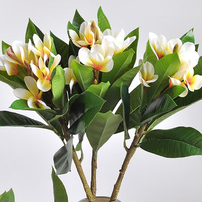 4Pcs Artificial Frangipani Flower Yellow Fake Plumeria Flowers with Leaves Real Touch Lifelike Plumeria with Stems Faux Frangipani Flower Bouquets for Home Office Wedding Decoration