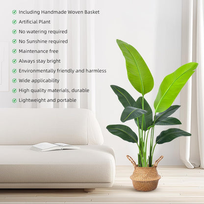 Bird of Paradise Plant Artificial 4ft, Faux Banana Leaf Tree with 9 Trunks in Pot and Woven Seagrass Belly Basket - The Perfect Silk Faux Plant for Indoor Outdoor House Living Room Decor