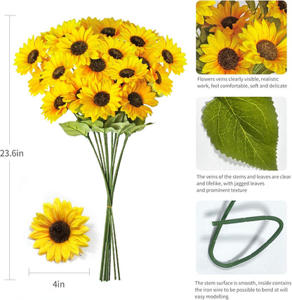 Artificial Sunflowers 23.6in 10 Bundles Total 30 Heads Fake Sunflower Bouquet,Realistic Silk Artificial Yellow Sunflowers for Wedding Home Office Parties Summer Decoration