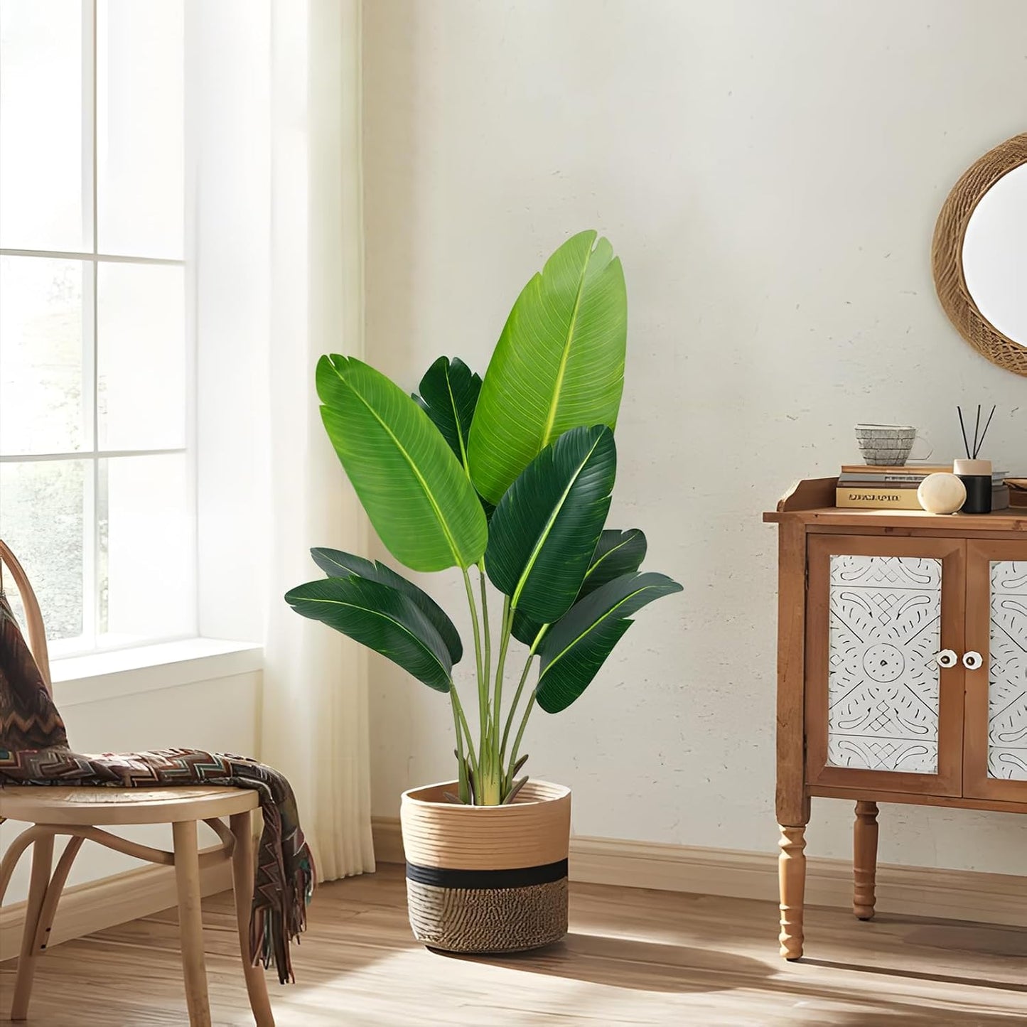 Artificial Bird of Paradise Plant 5.2Ft Fake Tropical Palm Tree with 10Trunks Faux Banana Leaf Trees in Pot for Home Indoor Outdoor Office Modern Decor Housewarming Gift（1Pcs）