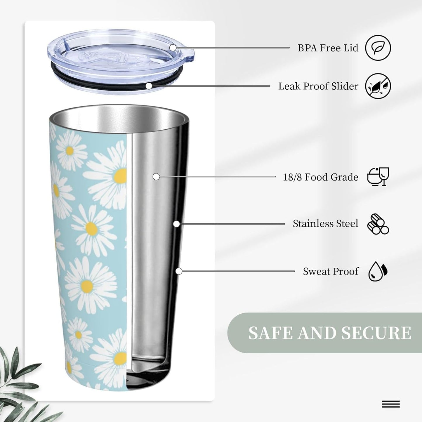 Lemon Tumbler 20oz Green Leaves Stainless Steel Insulated Tumblers with Lid and Straw Travel Coffee Mug Tea Wine Cups Water Bottle Sport Gifts for Women