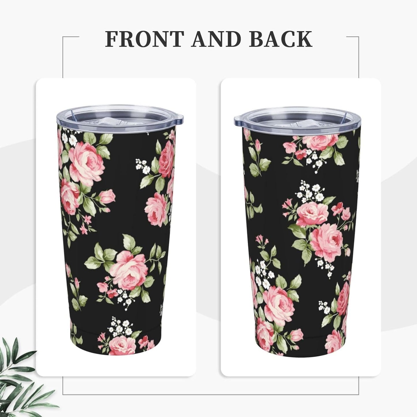 Lemon Tumbler 20oz Green Leaves Stainless Steel Insulated Tumblers with Lid and Straw Travel Coffee Mug Tea Wine Cups Water Bottle Sport Gifts for Women