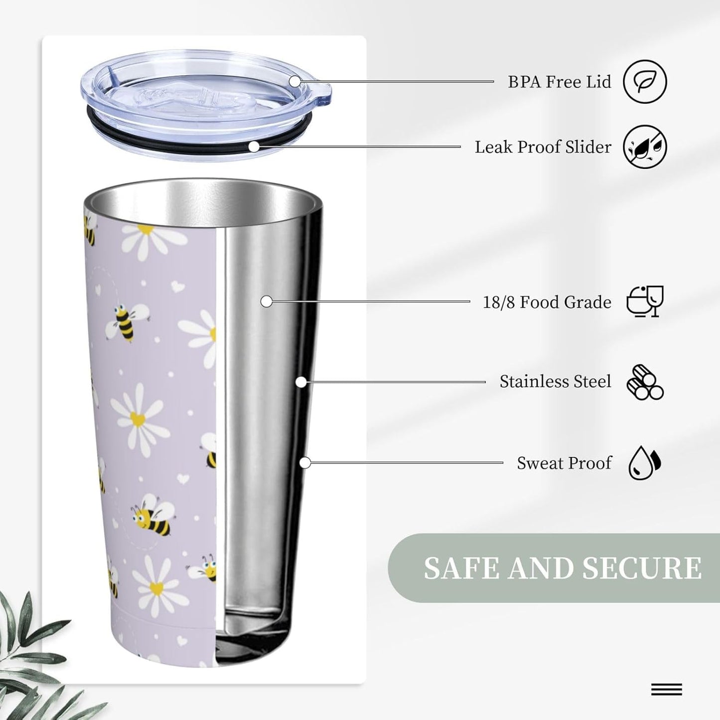 Lemon Tumbler 20oz Green Leaves Stainless Steel Insulated Tumblers with Lid and Straw Travel Coffee Mug Tea Wine Cups Water Bottle Sport Gifts for Women