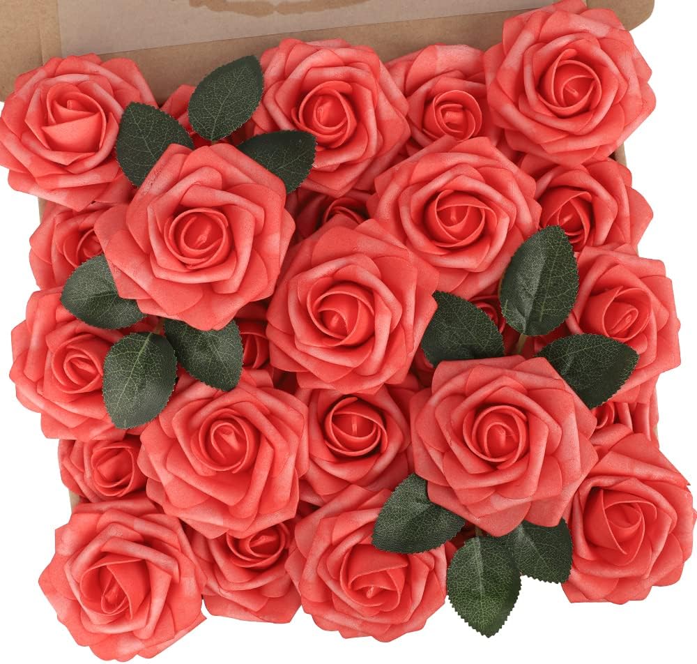 Artificial Flowers Real Touch Fake Foam Roses with Stems Decorations - Colors A