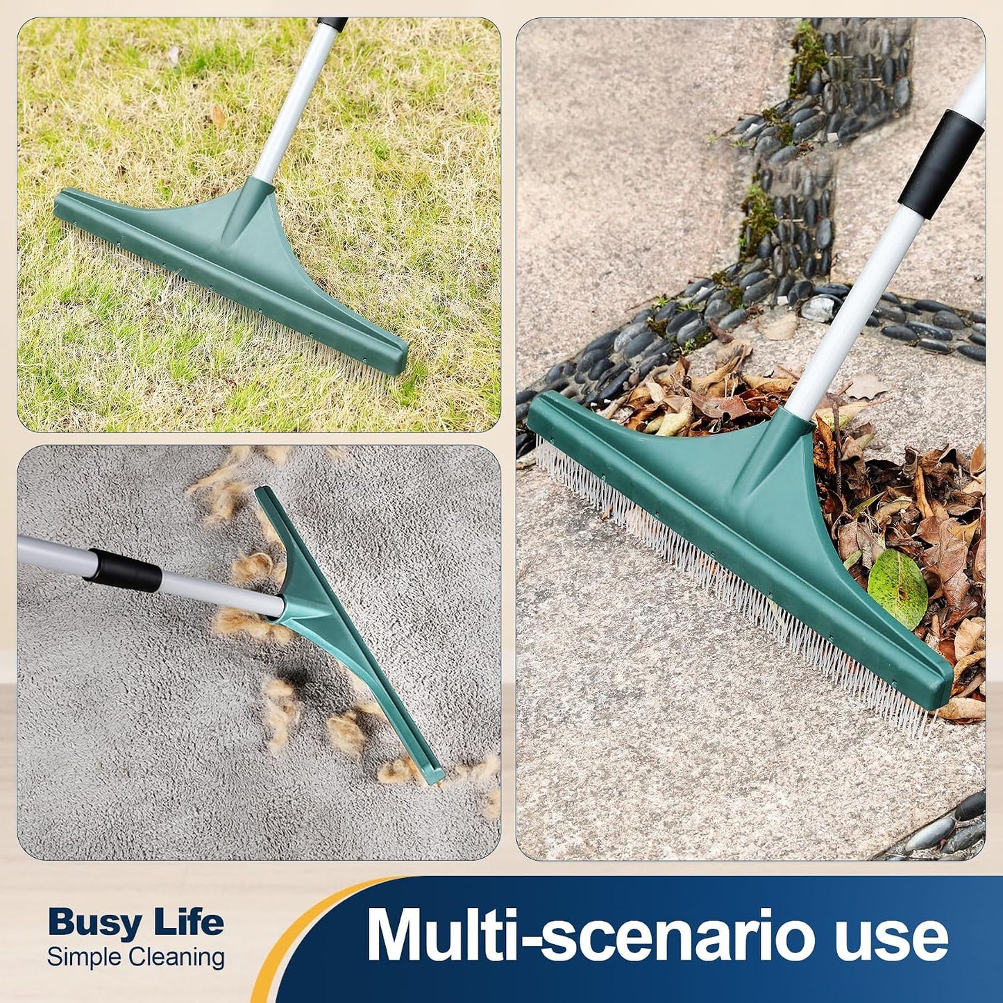 Artificial Turf Rake Grass Brush Broom Carpet Lawn Leaf Rake 56.69" | Cleaner Broom Telescopic Iron Pole for Yard Cleaning and Pet Hair Removal