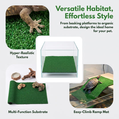 Square Artificial Grass Carpet, Realistic Synthetic Reptile Turf Pet Cage Simulation Grass Mat/Substrate Lizard Tank Accessories Turtle Ramp Turf for Basking Platform Habitat, 9. 8×9. 8inch