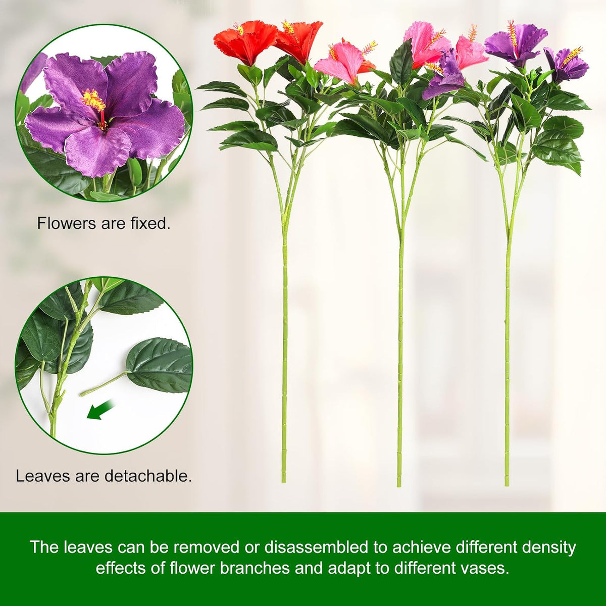 3PCS 30in Silk Artificial Hibiscus Flower Branches Tropical Flowers