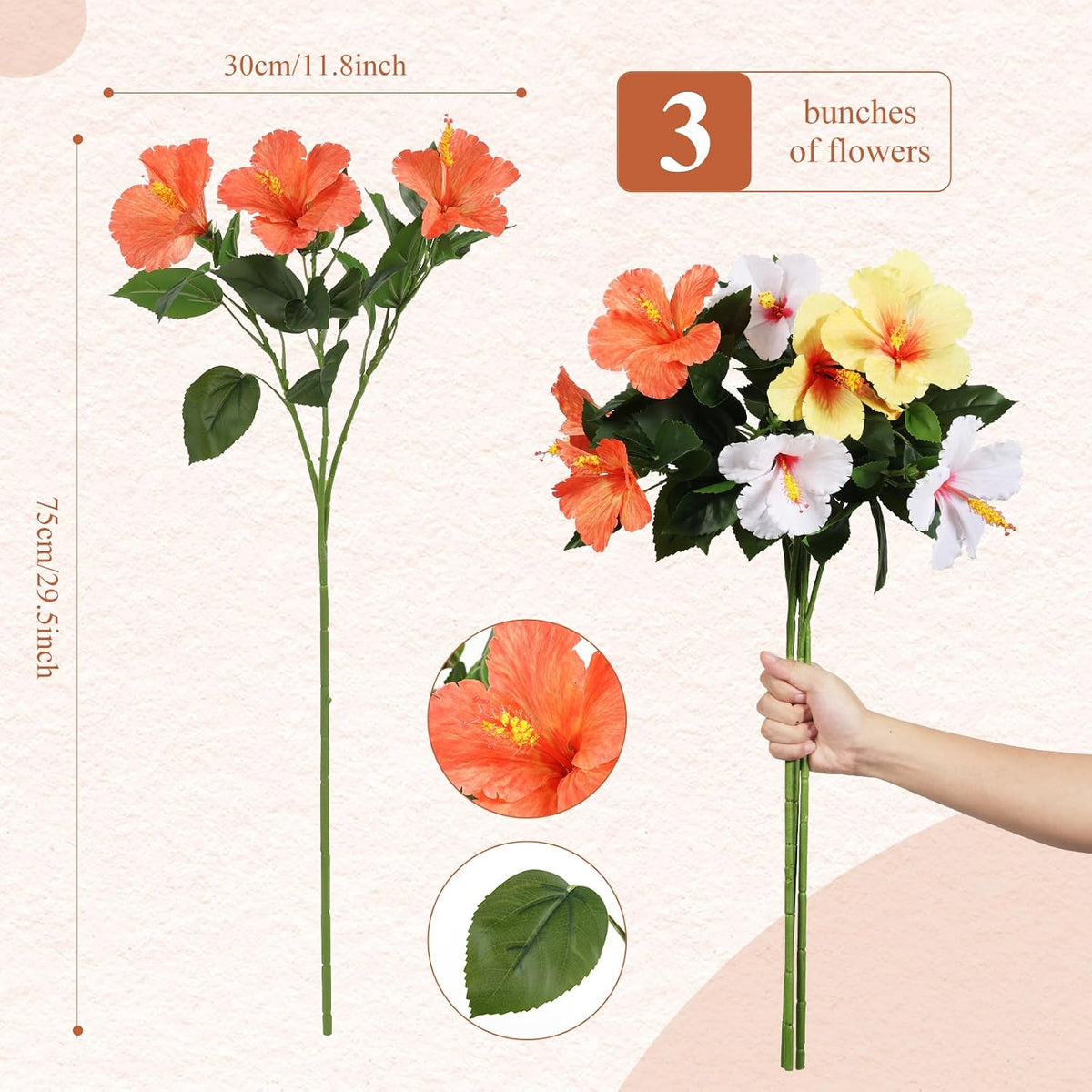 3PCS 30in Silk Artificial Hibiscus Flower Branches Tropical Flowers