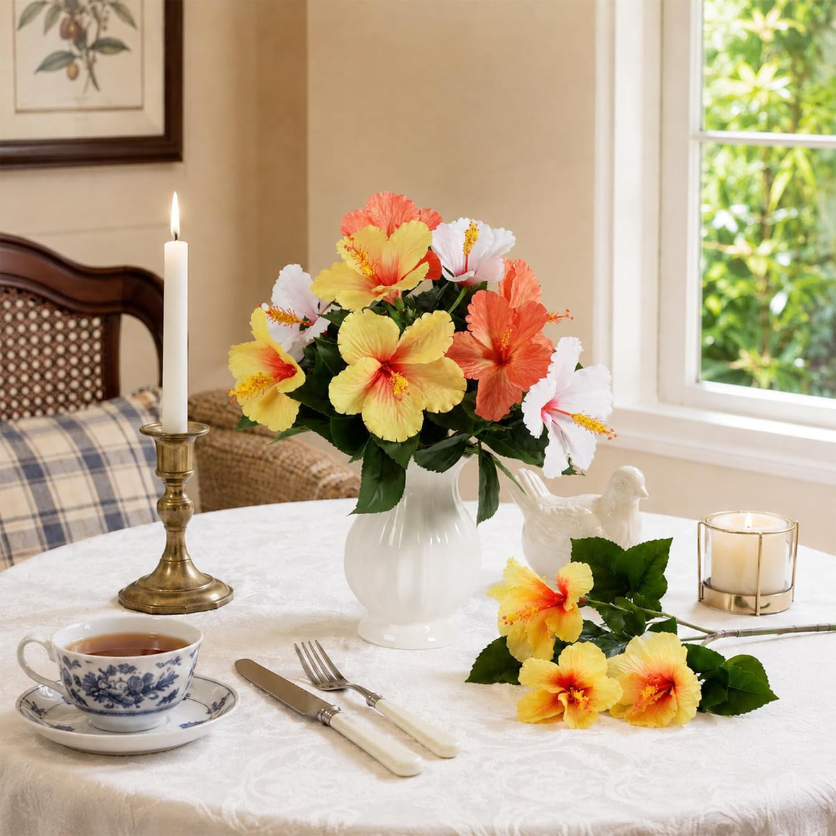 3PCS 30in Silk Artificial Hibiscus Flower Branches Tropical Flowers