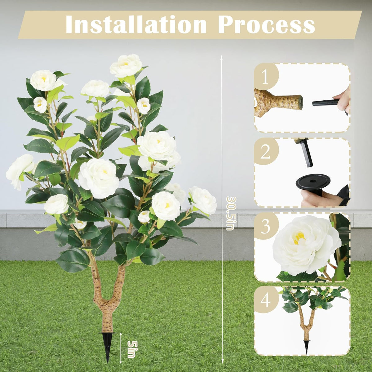 2 Packs 35.5" Artificial Camellia Flowers Tree with Spike White