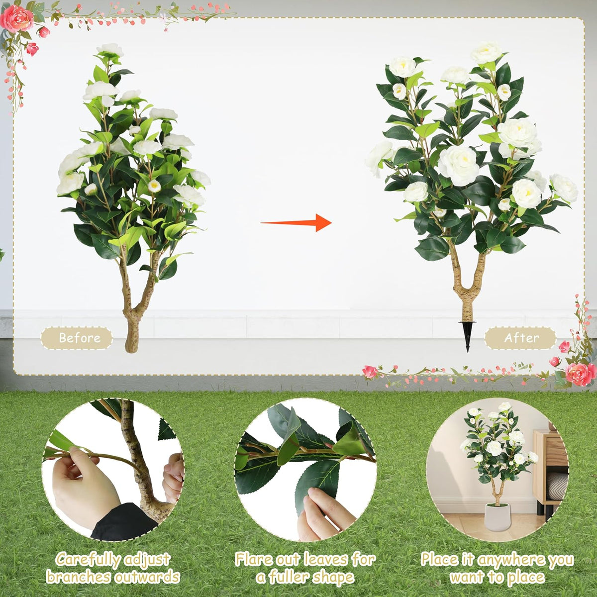 2 Packs 35.5" Artificial Camellia Flowers Tree with Spike White