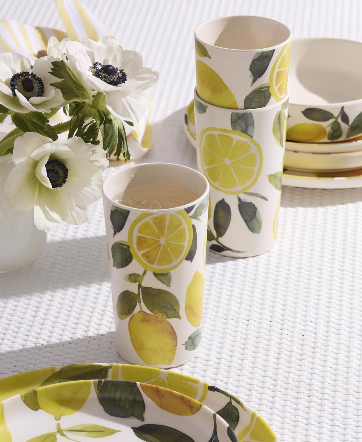 24 Seven Melamine Collection, Dishwasher Safe Melamine Dinnerware and Drinkware, Lemon Pattern, Tumbler Set, 16 oz, 4-Piece