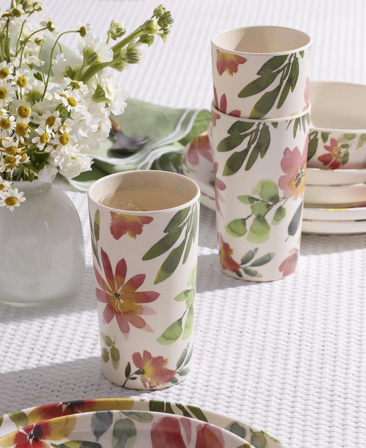 24 Seven Melamine Collection, Dishwasher Safe Melamine Dinnerware and Drinkware, Lemon Pattern, Tumbler Set, 16 oz, 4-Piece