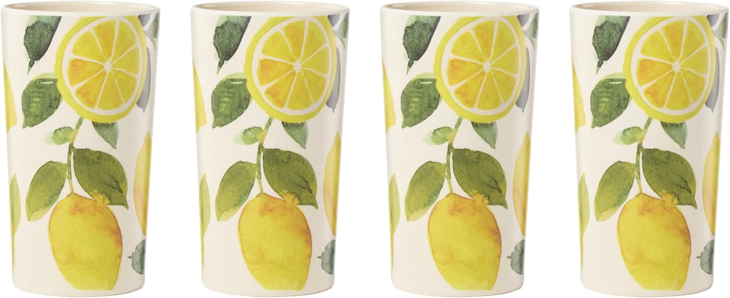 24 Seven Melamine Collection, Dishwasher Safe Melamine Dinnerware and Drinkware, Lemon Pattern, Tumbler Set, 16 oz, 4-Piece
