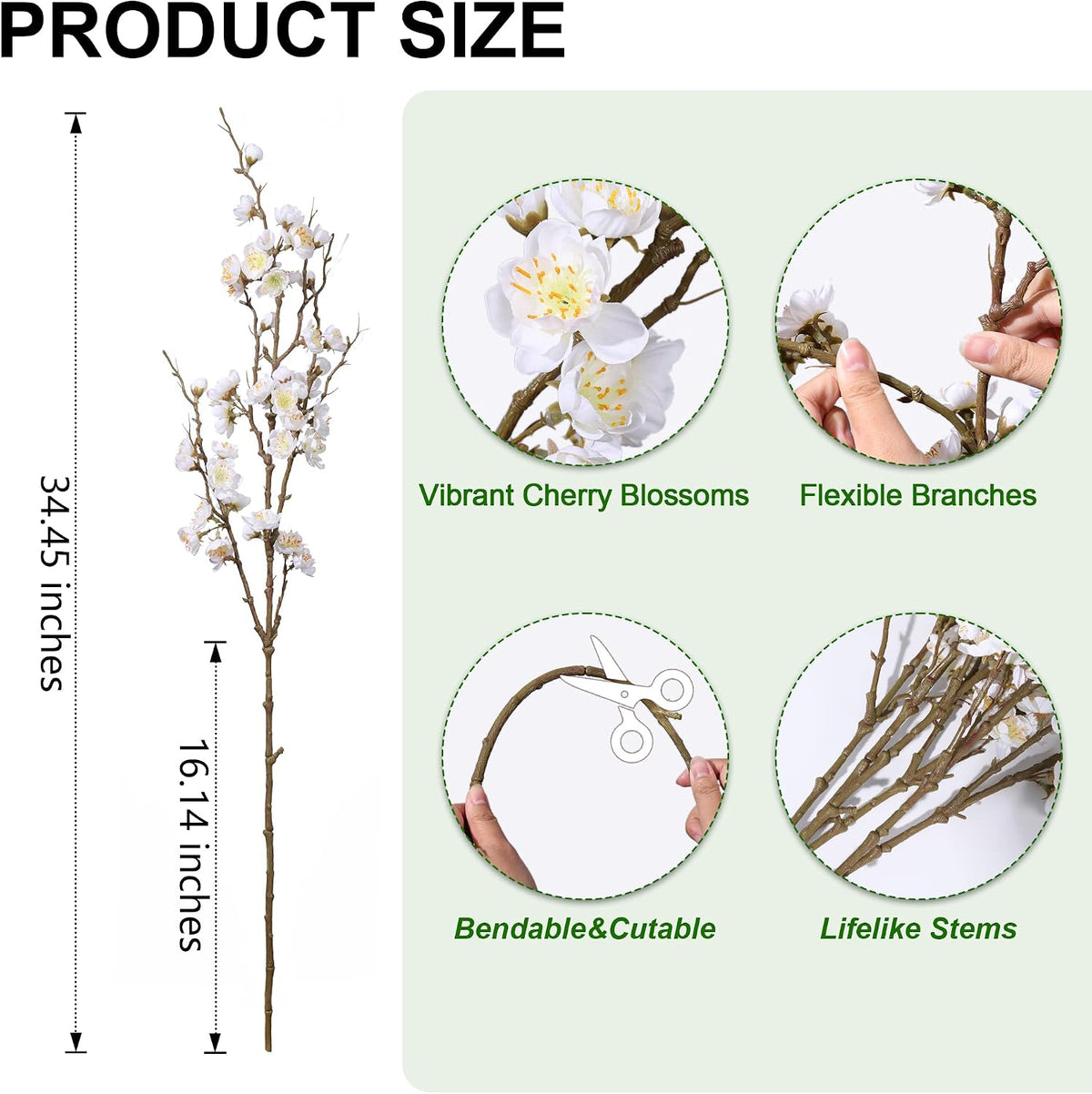 florisso 6 PCS Artificial Cherry Blossom Branches Spring Indoor Decoration, Faux Flowers 34.45" Long Stems Plum Fake Peach Plants Real Touch Silk for Wedding Home Bedroom Party Table Office, White