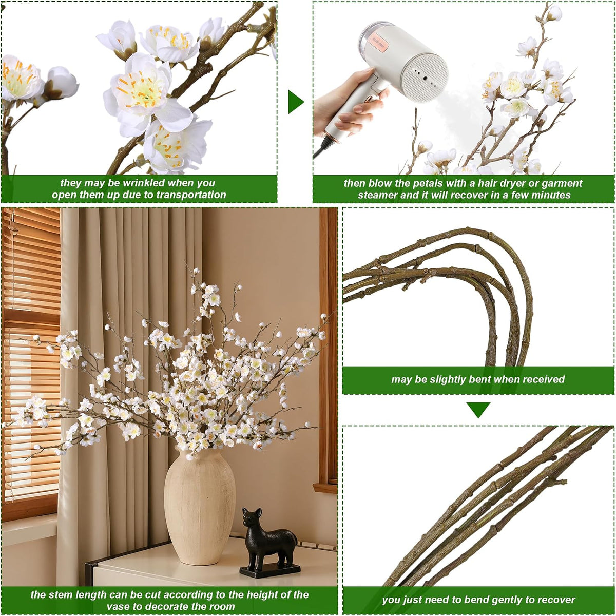 florisso 6 PCS Artificial Cherry Blossom Branches Spring Indoor Decoration, Faux Flowers 34.45" Long Stems Plum Fake Peach Plants Real Touch Silk for Wedding Home Bedroom Party Table Office, White