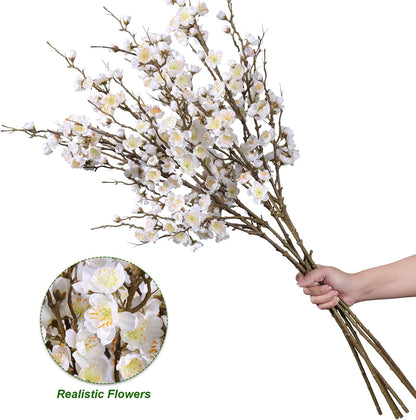 florisso 6 PCS Artificial Cherry Blossom Branches Spring Indoor Decoration, Faux Flowers 34.45" Long Stems Plum Fake Peach Plants Real Touch Silk for Wedding Home Bedroom Party Table Office, White