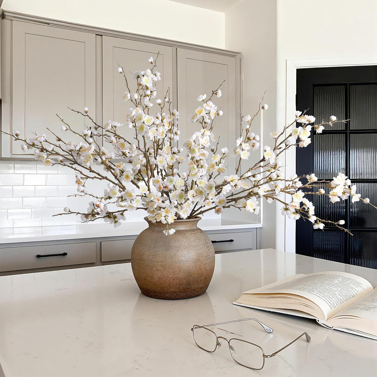 florisso 6 PCS Artificial Cherry Blossom Branches Spring Indoor Decoration, Faux Flowers 34.45" Long Stems Plum Fake Peach Plants Real Touch Silk for Wedding Home Bedroom Party Table Office, White