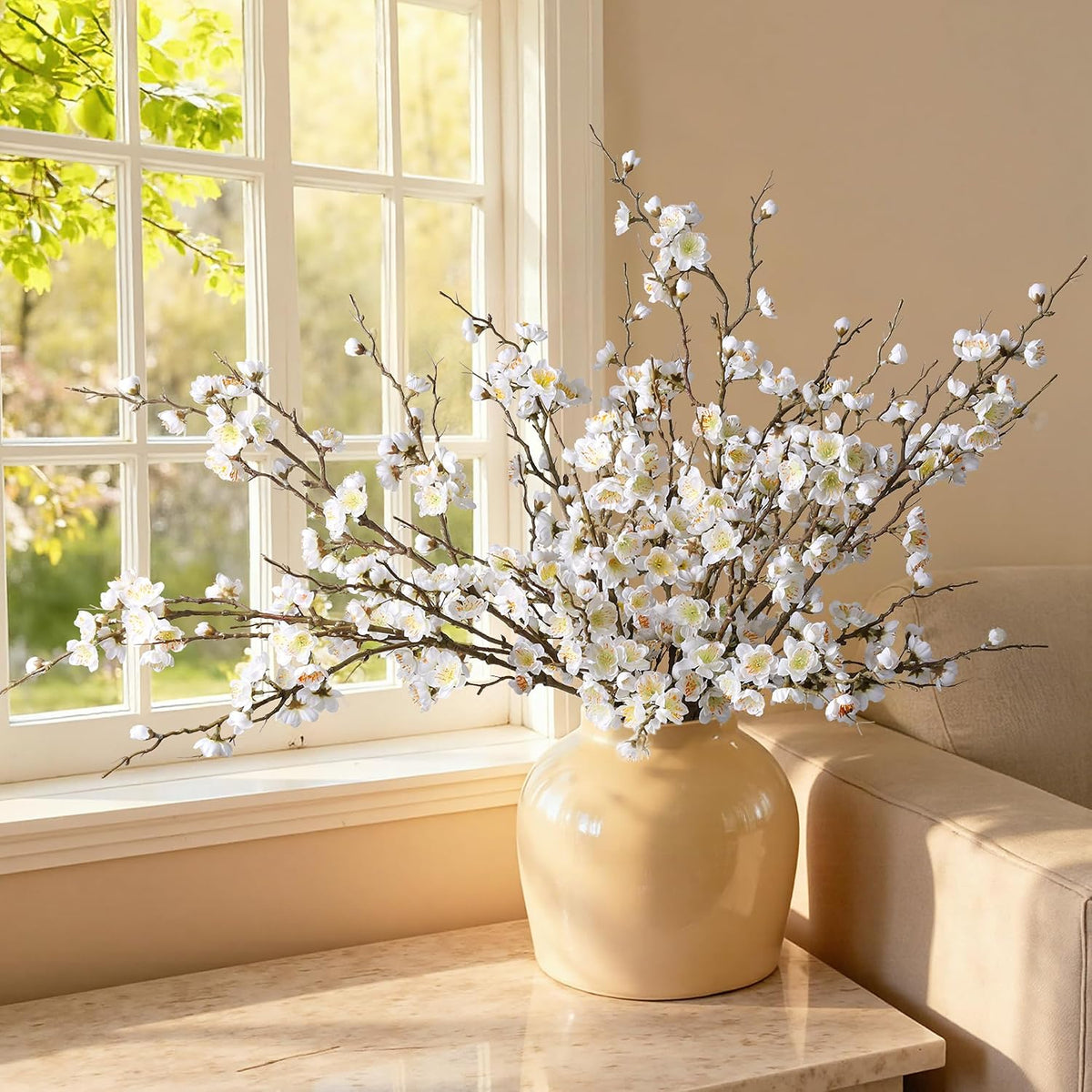florisso 6 PCS Artificial Cherry Blossom Branches Spring Indoor Decoration, Faux Flowers 34.45" Long Stems Plum Fake Peach Plants Real Touch Silk for Wedding Home Bedroom Party Table Office, White