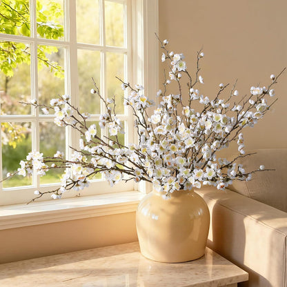 florisso 6 PCS Artificial Cherry Blossom Branches Spring Indoor Decoration, Faux Flowers 34.45" Long Stems Plum Fake Peach Plants Real Touch Silk for Wedding Home Bedroom Party Table Office, White