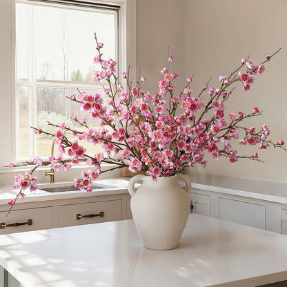 florisso 6 PCS Artificial Cherry Blossom Branches Spring Indoor Decoration, Faux Flowers 34.45" Long Stems Plum Fake Peach Plants Real Touch Silk for Wedding Home Bedroom Party Table Office, White