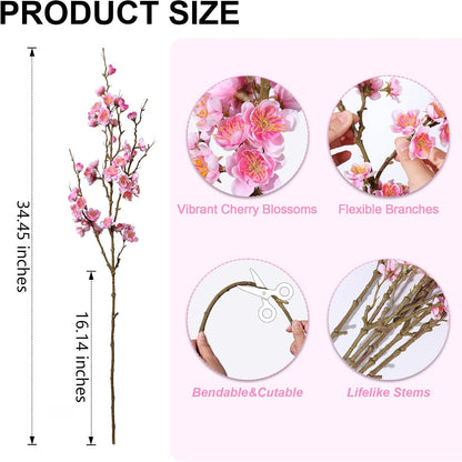 florisso 6 PCS Artificial Cherry Blossom Branches Spring Indoor Decoration, Faux Flowers 34.45" Long Stems Plum Fake Peach Plants Real Touch Silk for Wedding Home Bedroom Party Table Office, White