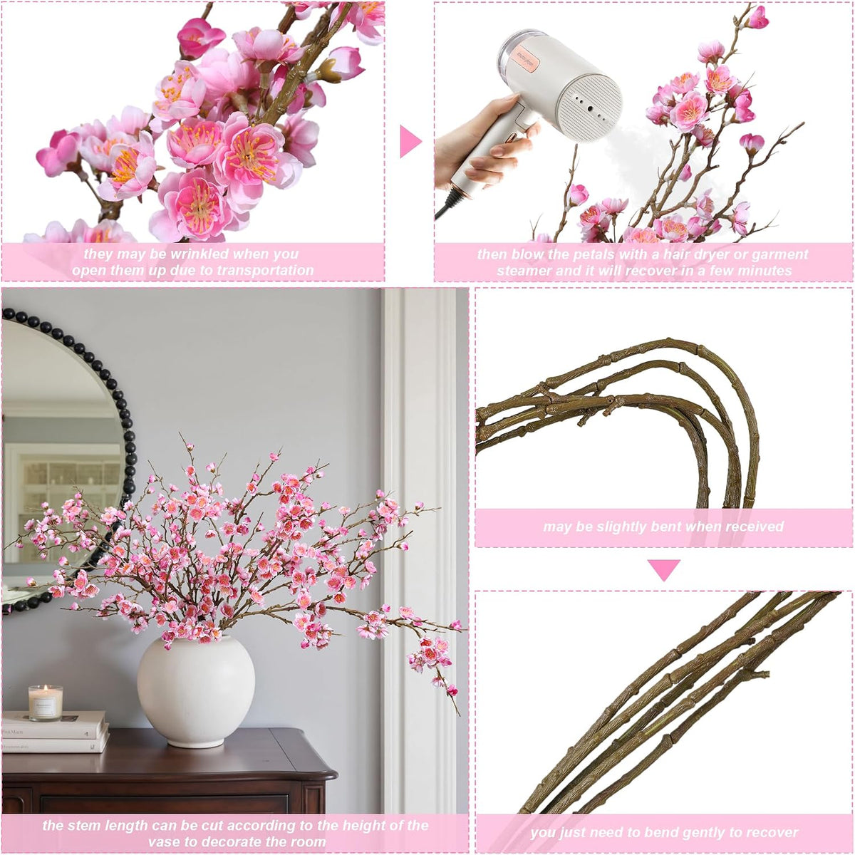 florisso 6 PCS Artificial Cherry Blossom Branches Spring Indoor Decoration, Faux Flowers 34.45" Long Stems Plum Fake Peach Plants Real Touch Silk for Wedding Home Bedroom Party Table Office, White