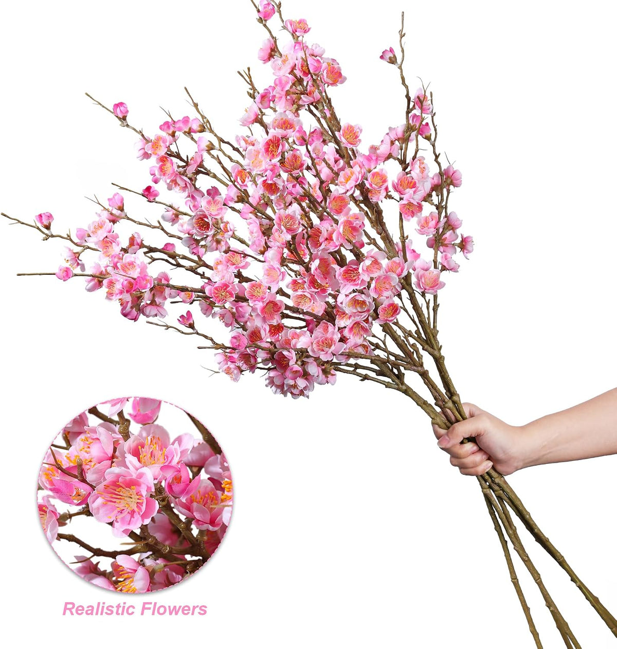 florisso 6 PCS Artificial Cherry Blossom Branches Spring Indoor Decoration, Faux Flowers 34.45" Long Stems Plum Fake Peach Plants Real Touch Silk for Wedding Home Bedroom Party Table Office, White