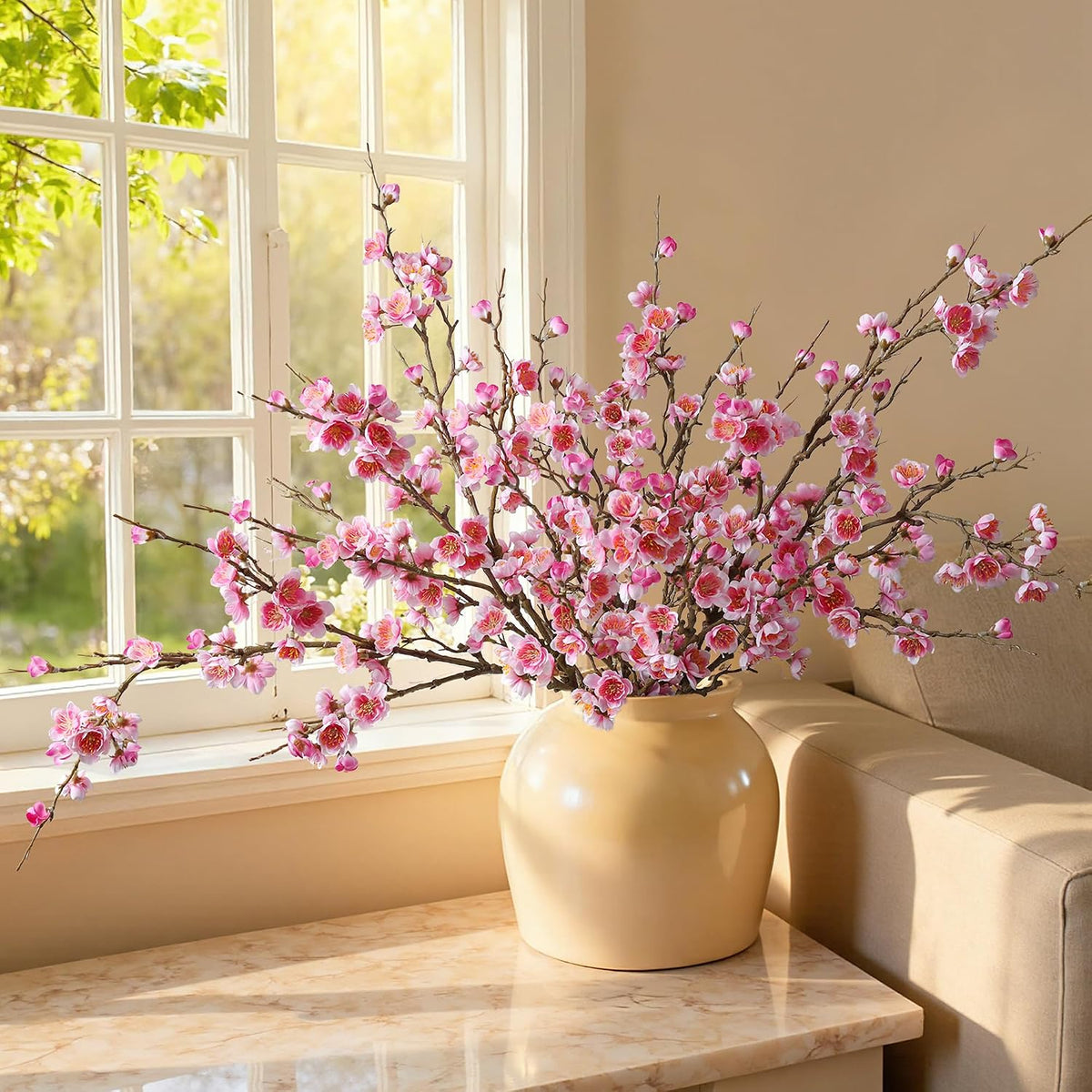 florisso 6 PCS Artificial Cherry Blossom Branches Spring Indoor Decoration, Faux Flowers 34.45" Long Stems Plum Fake Peach Plants Real Touch Silk for Wedding Home Bedroom Party Table Office, White